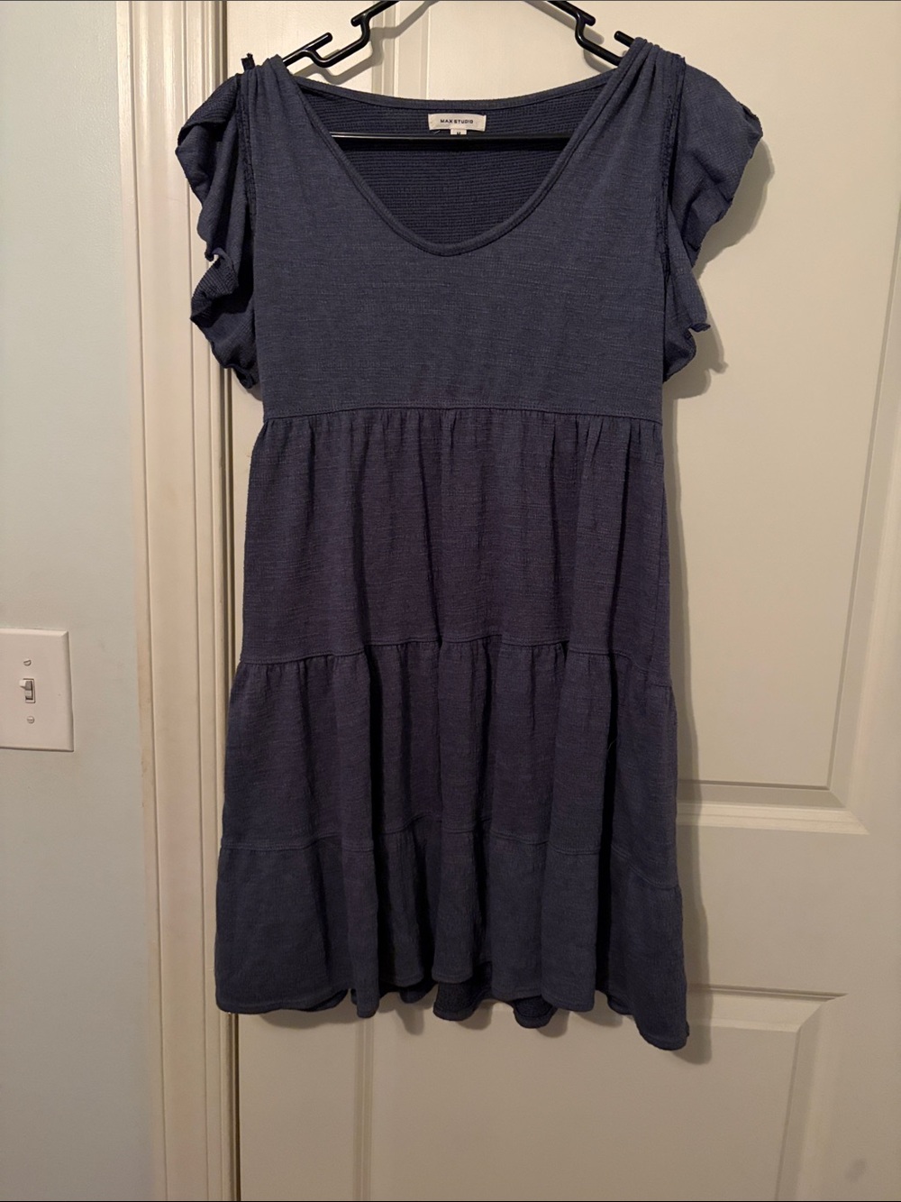 Max Studio Navy Blue Tiered Short Sleeve Dress